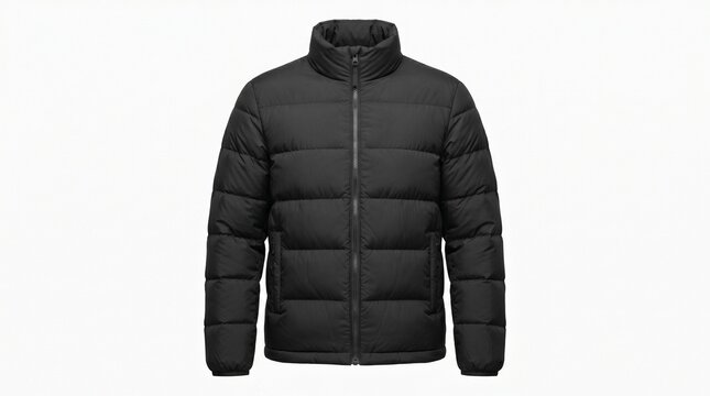 A sleek black puffer jacket with a full zipper and stand-up collar, designed for warmth and style in cold weather conditions.