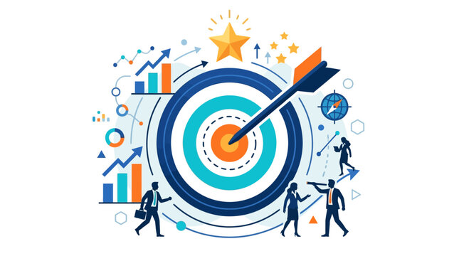 Business Goal Achievement: Arrow Hits Target Center, Teamwork, Strategy, Success Symbols