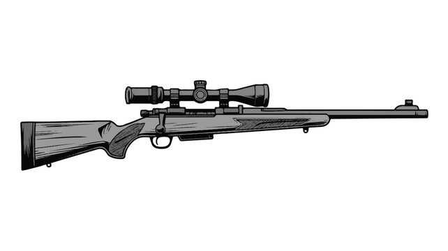 A black and white silhouette illustration of a rifle with a scope