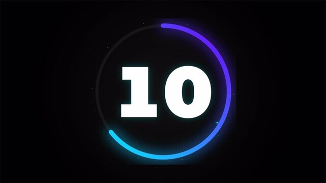 Round circle countdown timer with neon glow, digital 15 second clock animation 4k video