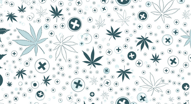 Seamless background pattern featuring stylized marijuana leaves and medical cross symbols in a teal and white color palette.