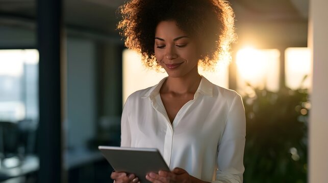A focused woman is looking at a tablet in a bright modern indoor setting symbolizing digital work and concent n