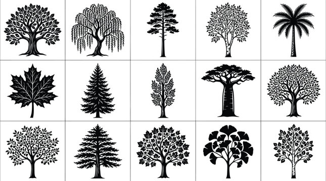 Black and white of various types of trees, isolated on white background, tree types pine tree palm tree