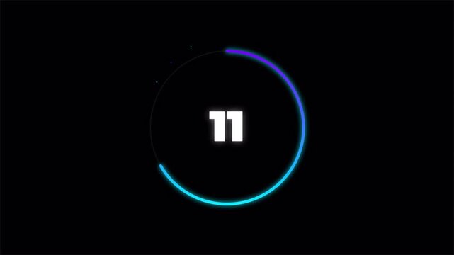 Glowing circular 15 second countdown timer with neon light ring, digital motion graphic clock 4k video