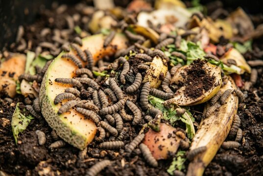 Close up of black soldier fly larvae breaking down organic food waste