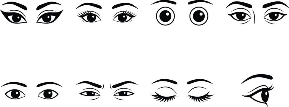 Human eyes silhouette vector collection set featuring various expressions makeup eyeliner eyelashes blinking and side profile view shapes
