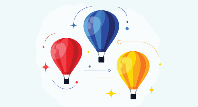 Three vibrant hot air balloons in red, blue, and yellow float gracefully against a light background with decorative sparkles and paths.
