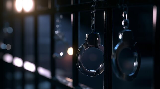 Criminal justice concept, a handcuffs attached to black prison bars, dark blurred detention background, investigative journalism theme, law enforcement and legal system concept, space for breaking new