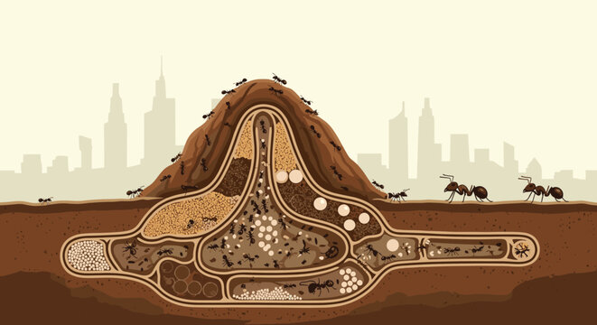 Detailed cross-section of an underground ant colony with many ants working in tunnels against a city skyline in the distance.