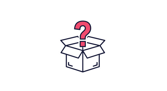 Pink question mark emerging from an open cardboard box representing mystery, surprise, and unknown delivery content.