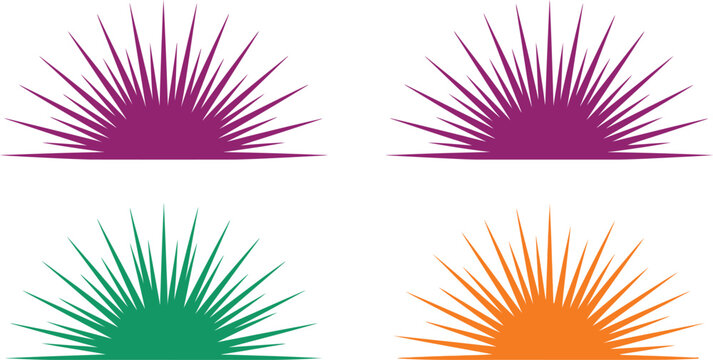 Four vibrant semi circle sunburst elements featuring sharp spiked rays in purple pink green and orange colors arranged in a clean modern minimalist graphic design style.
