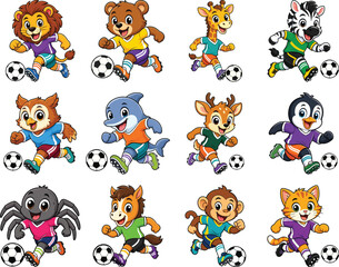 Obraz premium Playing soccer Cartoon animal set in colorful uniforms