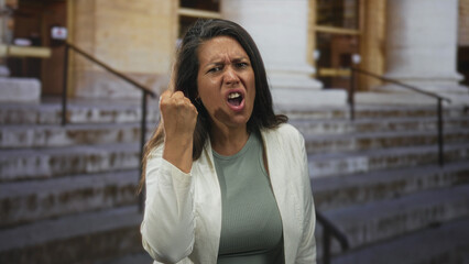 Fototapeta premium Middle age hispanic brunette woman clenches fist and scowls at the stone steps and entrance of a public building; anger defiance.