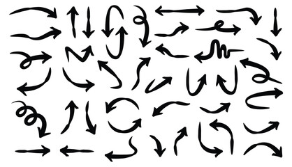 Obraz premium Set of thick hand drawn arrows in different shapes and directions. Vector illustration.