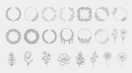 Fototapeta premium Decorative round floral frames made of blooming flowers hand drawn with contour lines on white background. Vintage laurel wreaths collection. Set of circular natural design element.Vector illustration