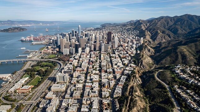 Aerial view of a modern coastal metropolis with dense downtown skyscrapers bordered by ocean bay and mountain range