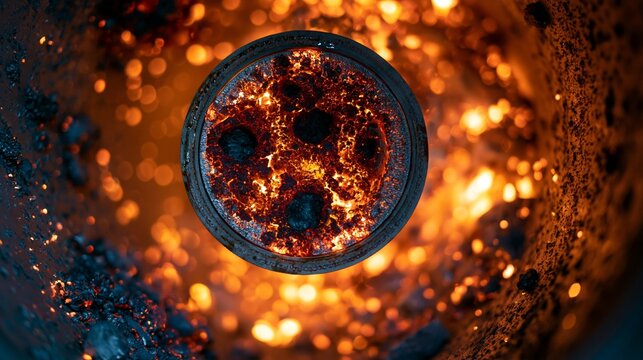 Closeup of a section inside the rotary kiln displaying clinker formation surrounded by glowing embers intricate metallic surfaces crisply in focus with heat intensity illustrated