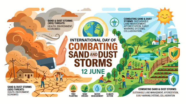 International Day of Combating Sand and Dust Storms flat vector infographic with sustainable afforestation solutions