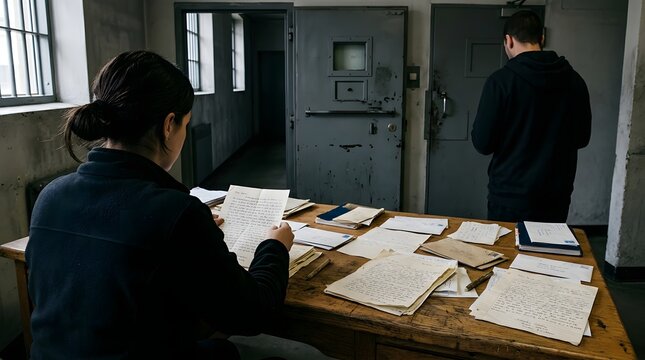 Woman examining historical archives and paper documents inside a dark prison corridor setting