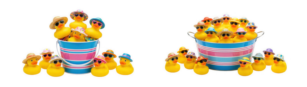 Yellow rubber duck toys grouped in colorful striped buckets for childrens bath time fun isolated on transparent background