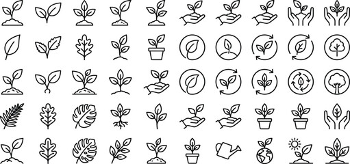 Fototapeta premium Nature and ecology line icon collection featuring growing plants seedlings organic leaves and forest trees.