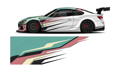 Fototapeta premium Sleek race car with bold geometric wrap and dynamic color graphics.