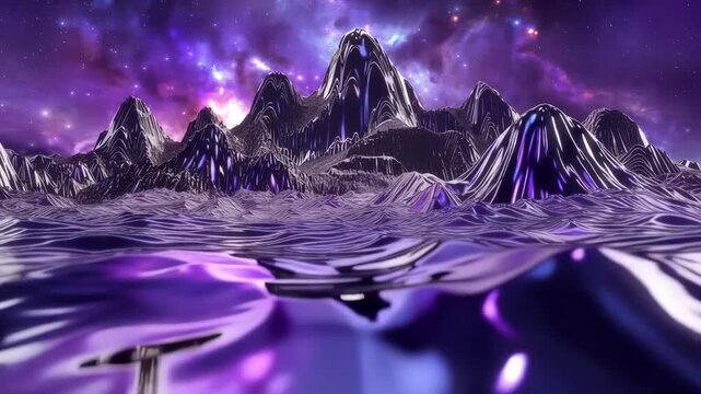 AI generated 4k video of metallic alien landscape waving under purple galactic cosmic lighting.
