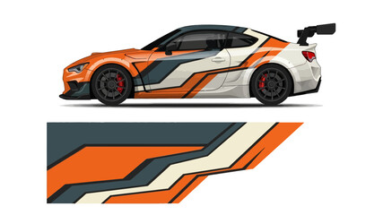 Side view of a bold orange and white racecar with geometric wrap design. © Lailatul