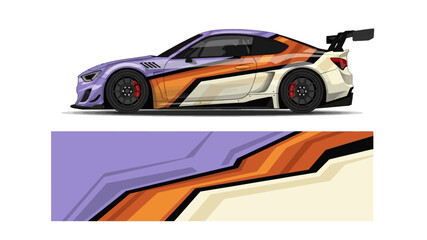 Fototapeta premium Vibrant sport racing car with bold orange and purple livery beside abstract graphic elements.