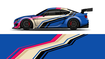 Side profile of a blue and white race car with bold racing livery. © Lailatul
