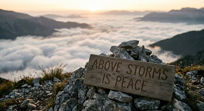 Wooden sign on mountain summit above clouds with sunrise