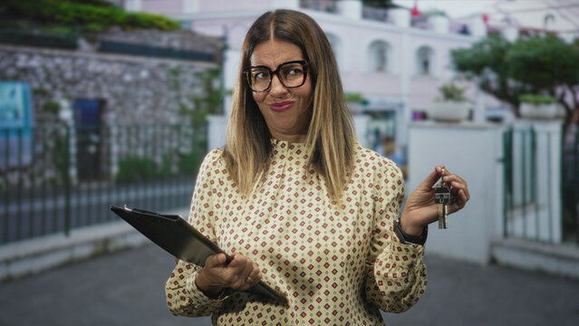 Woman real estate agent holding house keys and clipboard, holds up keys with raised hand and pursed lips in front of a residential street gate; skepticism.