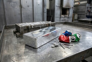Obraz premium Pouring molten aluminum metal from crucible into mold with crushed cans background