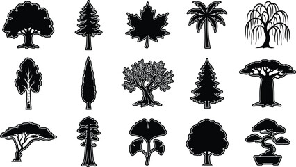 Black and white of various types of trees and plants tree plant black and white tree silhouette pine tree © Graphic Shops