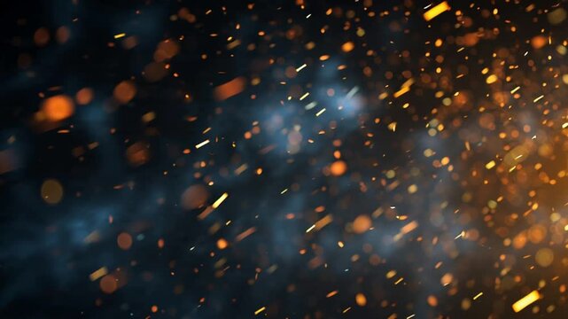 Glowing sparks fly through dark smoke in a dynamic motion.