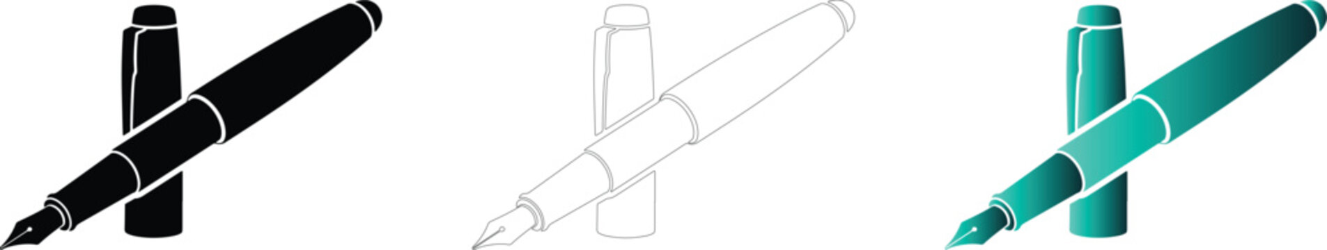 Set of fountain pens in black, white outline and teal gradient styles