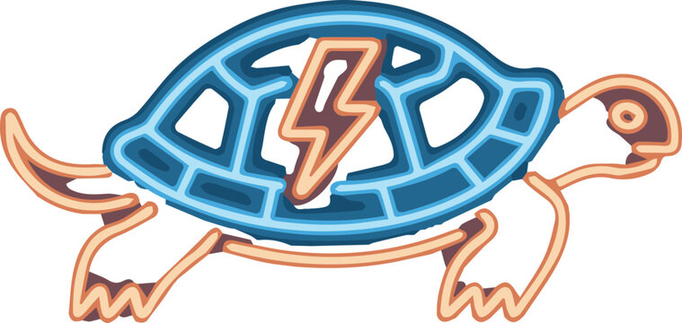 cartoon turtle with blue shell and orange legs and lightning bolt