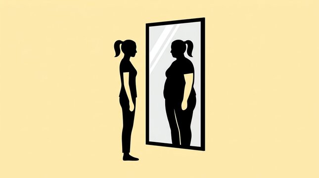 Woman Sees Overweight Reflection in Mirror: Body Image Dissatisfaction