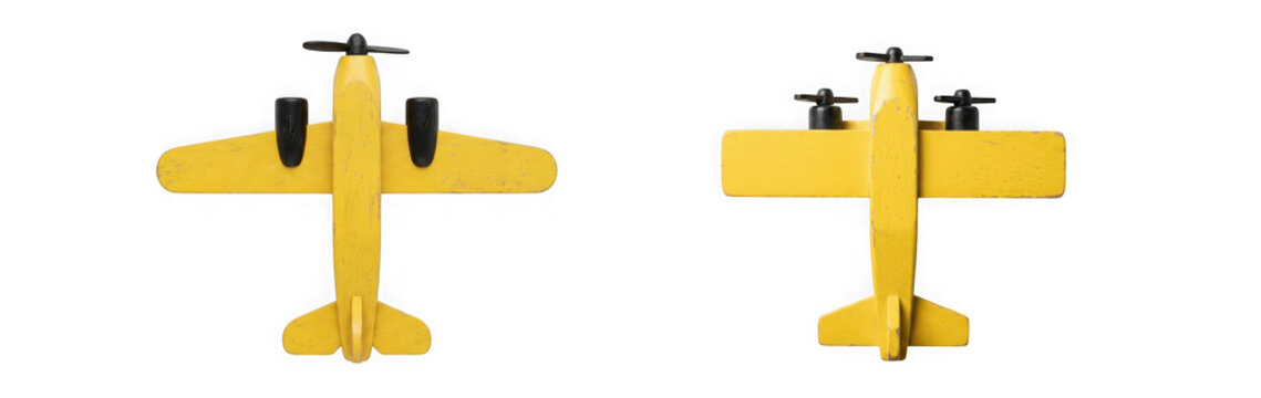 Vintage yellow biplane with dual propellers viewed from above and side angles isolated on transparent background