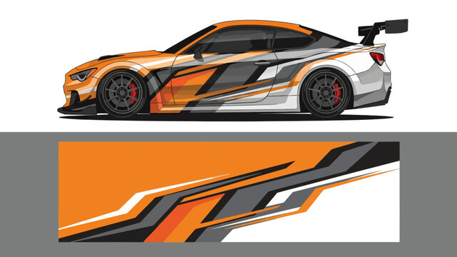 Sleek orange racecar with bold graphics and aerodynamic spoiler on a race track.