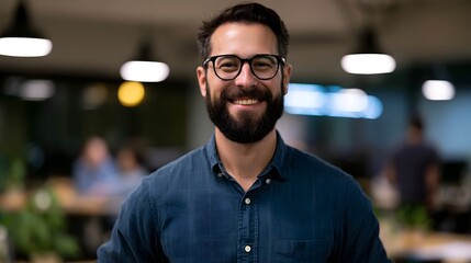 Obraz premium A modern employee smiles in a bright office setting conveying a sense of positive teamwork and professional collabo n