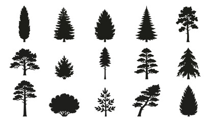 Coniferous tree silhouettes set, 15 black pine and spruce vector icons, evergreen forest plant collection for landscape design and outdoors maps © Ali