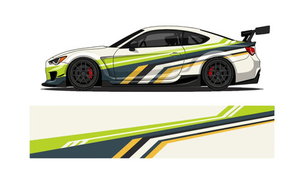 Side view of a sleek race car with bold green yellow graphic kit and aerodynamic stripes. © Lailatul