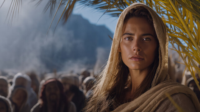 Deborah under palm tree delivering judgment as gathered crowd listens in ancient desert cinematic realism