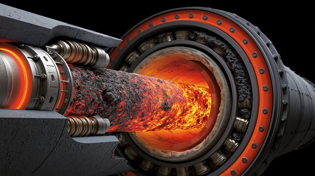 Medium shot of a rotary kiln cutaway showcasing raw mix gradually converting into clinker highlighted by vibrant ember tones and detailed metallic parts with focus on intense heat