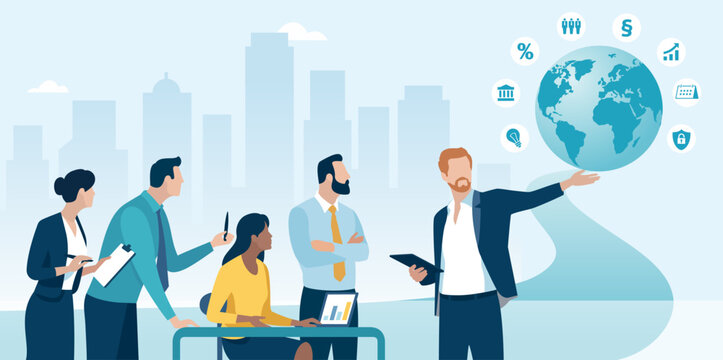 Growth, global strategy, presentation. The Leader. Discussing international business plan. Vector illustration
