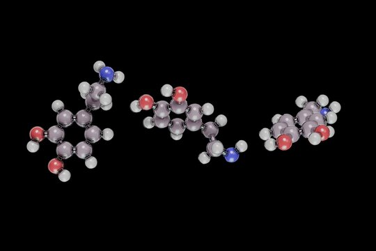 3D rendering of dopamine molecules from multiple angles on a black background.