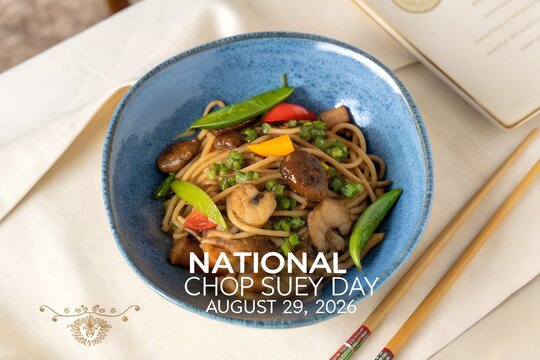 Delicious chop suey stir fry featuring fresh saut&eacute;ed mushrooms vibrant green snap peas and colorful bell peppers served inside a rustic blue ceramic bowl with wooden chopsticks for national holiday