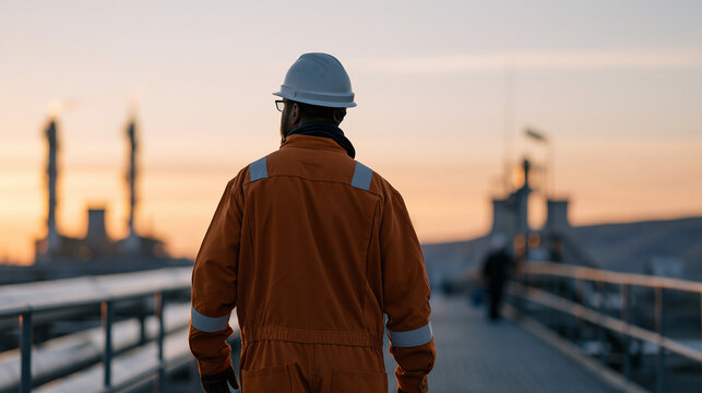 Carbon capture facility manager walking pipeline corridor at dusk, industrial flare stacks silhouetted, carbon storage sequestration monitoring, geological injection site,