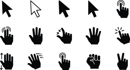 Fototapeta premium Set of computer mouse cursors and hand gestures, pointer, arrow, click, tap, zoom, move, swipe, scroll.